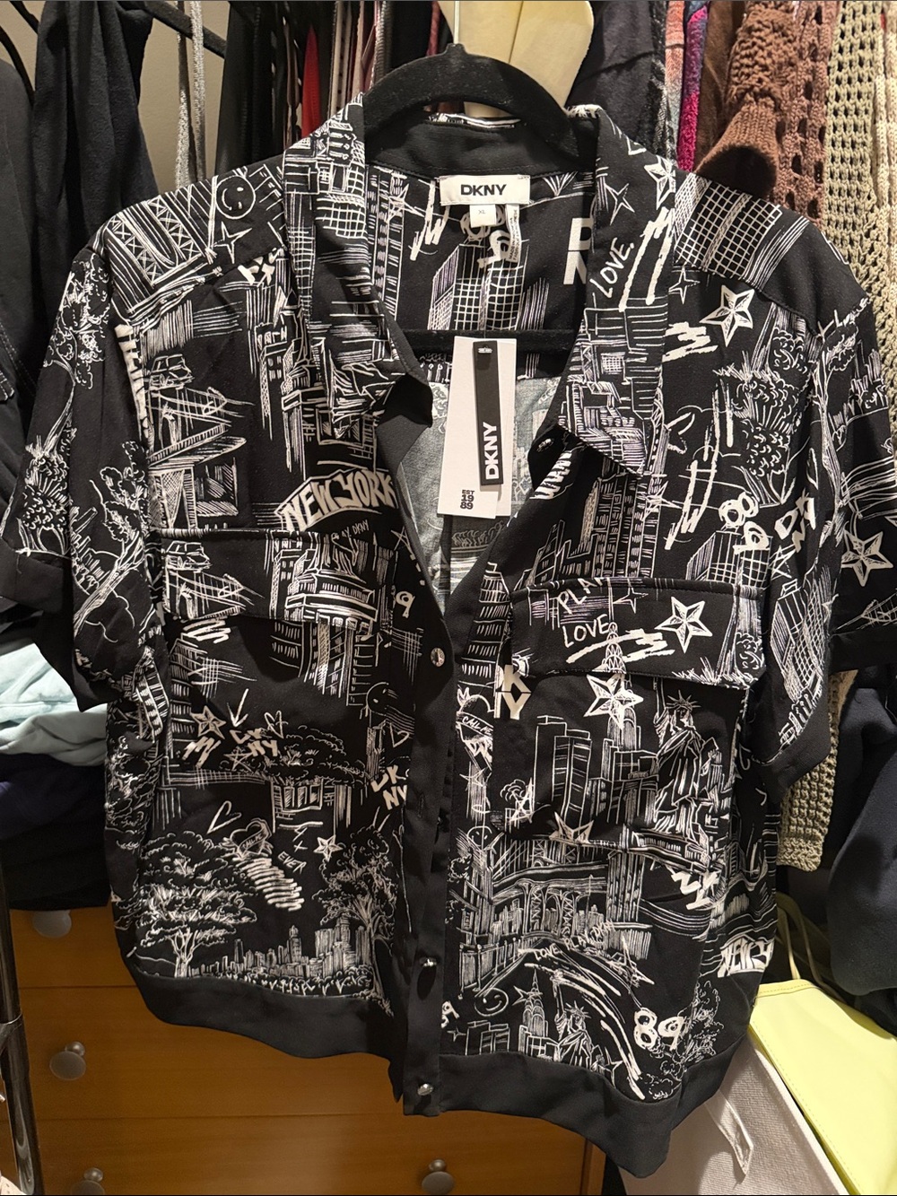 DKNY Black and White Graphic Button-Down Shirt